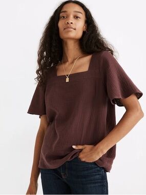 Madewell Lightspun Harlow Square-Neck 100% Cotton Gauze Blouse Fig Sz Small